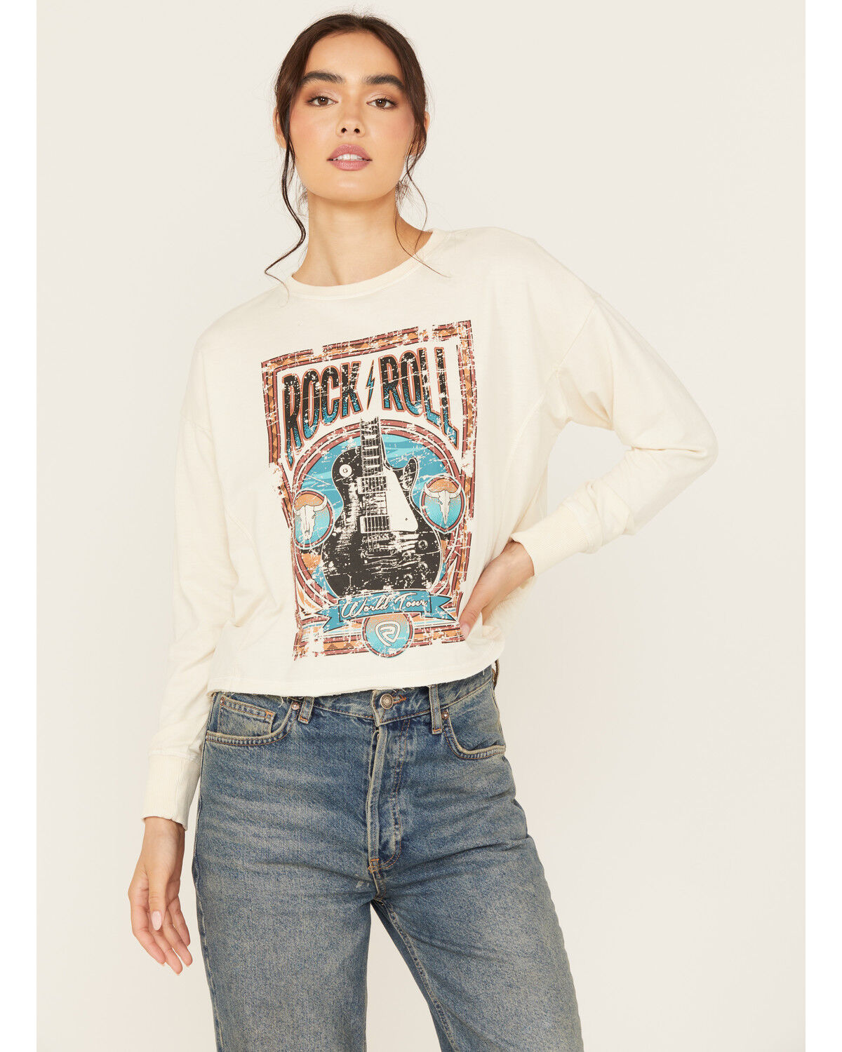 Image #1 - Rock & Roll Denim Women's Rock & Roll Long Sleeve Graphic Tee, Cream, hi-res