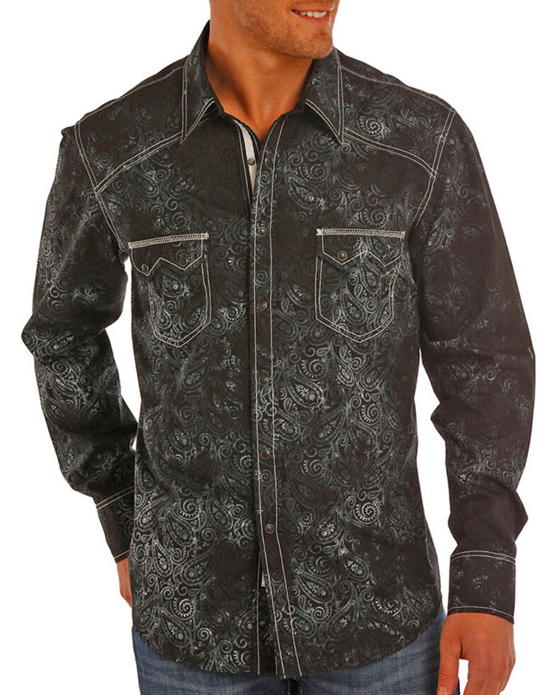 Rock & Roll Cowboy Men's Paisley Print Long Sleeve Snap Shirt, Black, hi-res