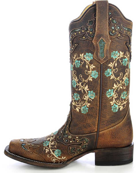 Image #9 - Corral Women's Studded Floral Embroidery Western Boots - Square Toe, Brown, hi-res