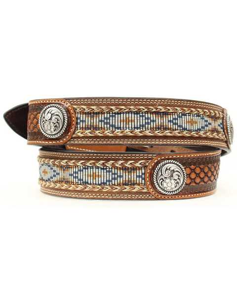 Image #4 - Ariat Men's Fabric Inlay Concho & Basketweave Leather belt, Natural, hi-res