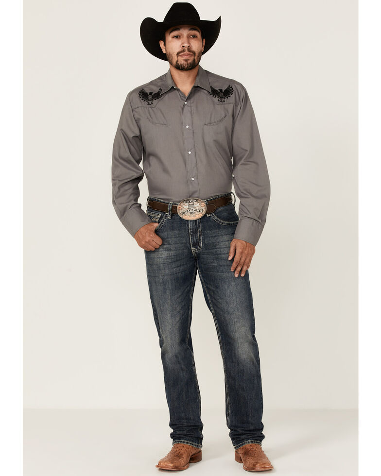 Roper Men's Solid Grey Eagle Embroidered Long Sleeve Snap Western Shirt , Grey, hi-res