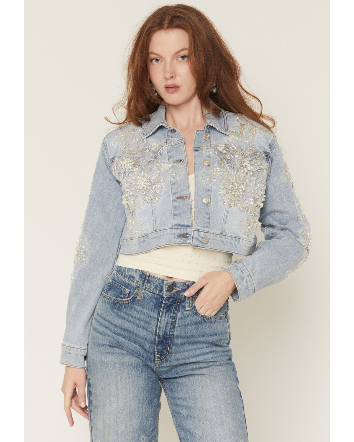 Image #1 - Azalea Wang Women's Light Wash Embellished Button-Down Cropped Denim Jacket, Light Wash, hi-res