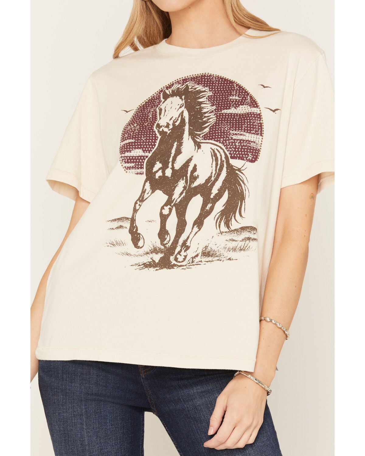 Image #3 - Shyanne Women's Horse with Rhinestone Sun Short Sleeve Graphic Boyfriend Tee, Natural, hi-res