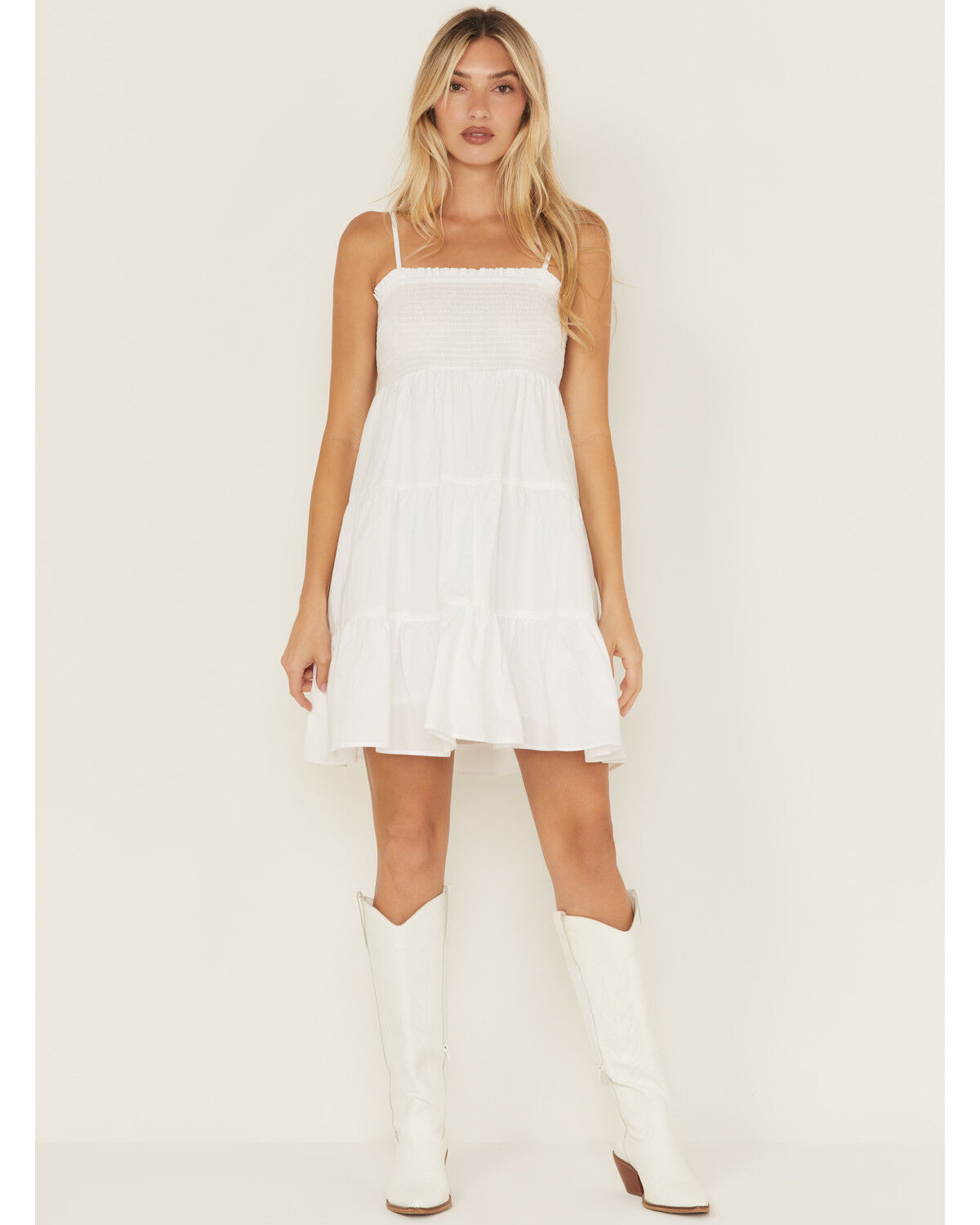 Image #1 - Angie Women's Smocked Front Mini Dress, White, hi-res