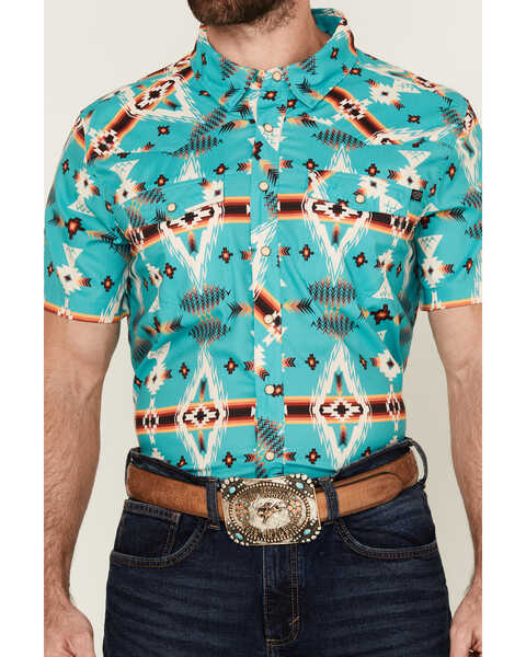 Image #3 - Rock & Roll Denim Men's Tek Southwestern Print Short Sleeve Snap Western Shirt , Turquoise, hi-res