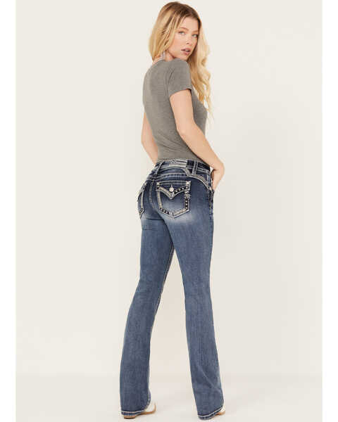Image #1 - Miss Me Women's Low Rise Dark Wash Tonal Americana Border Bootcut Jeans, Dark Wash, hi-res