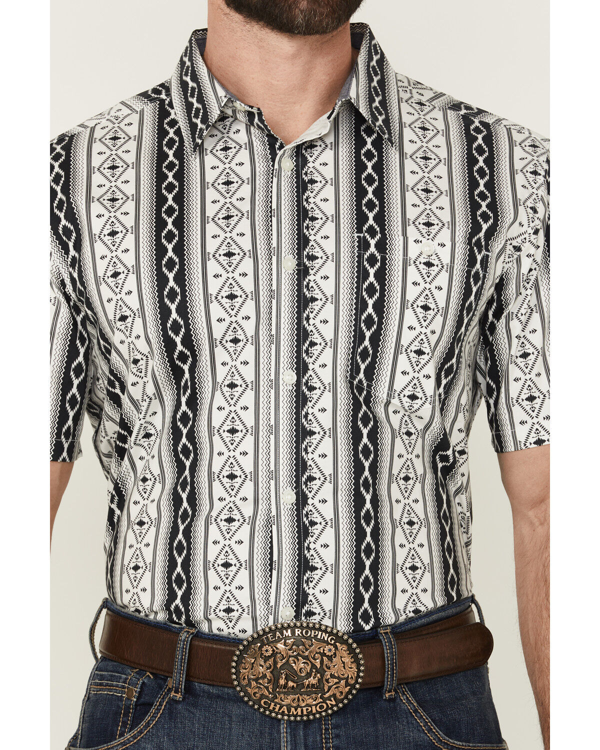 Image #3 - RANK 45® Men's Buffalo Southwestern Striped Print Short Sleeve Button-Down Stretch Western Shirt, White, hi-res