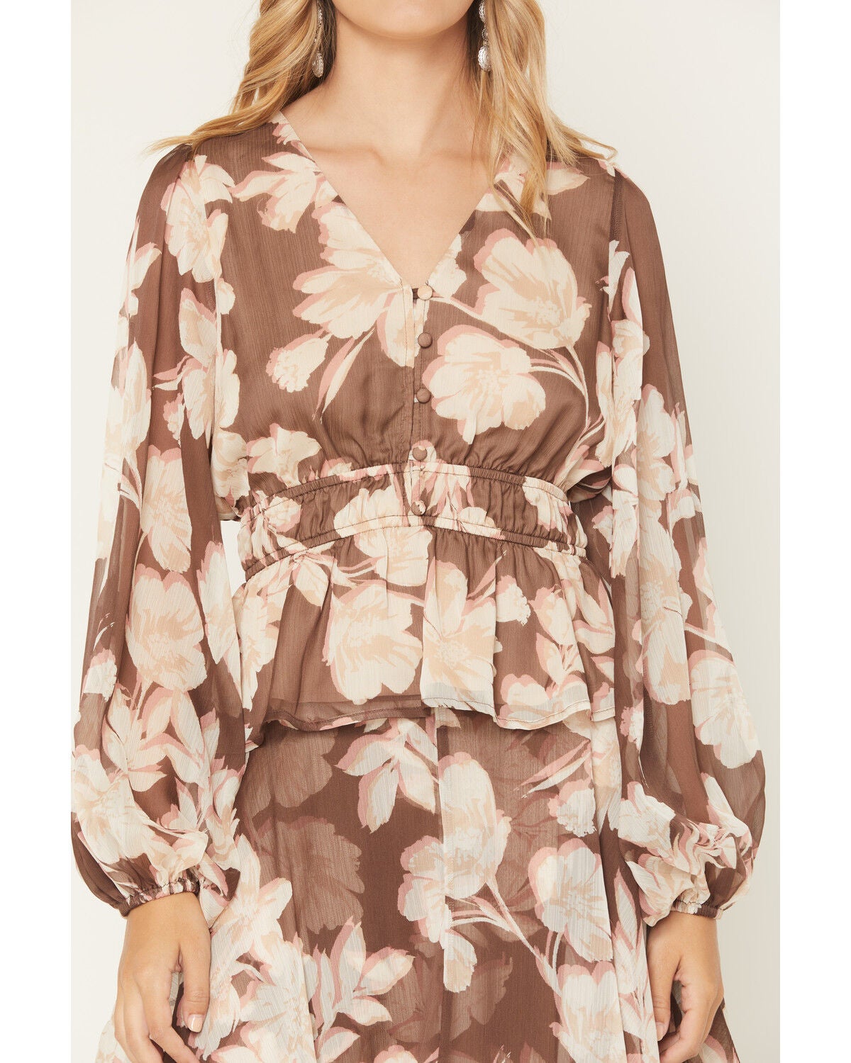 Image #3 - Shyanne Women's Floral Print Long Sleeve Chiffon Shirt, Brown, hi-res