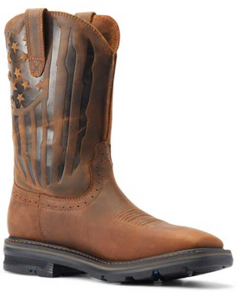 Ariat Men's Sierra Shock Shield Patriotic Western Work Boots - Broad Square Toe, Brown, hi-res