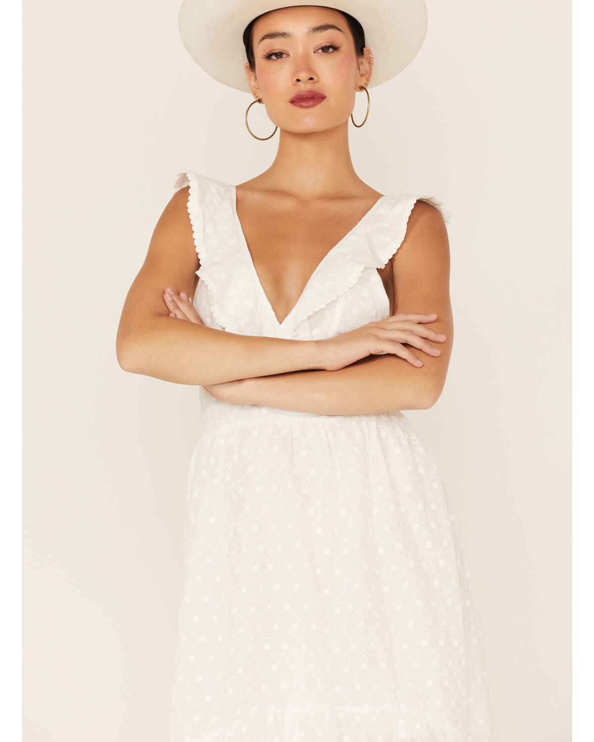 Image #1 - Molly Bracken Women's Ruffle Trim Cross Back High-Low Dress, White, hi-res