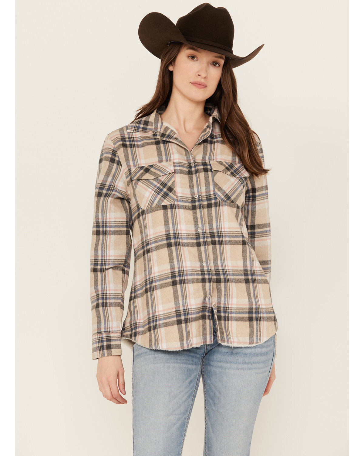 Image #1 - Stillwater Supply Women's Plaid Print Sherpa Lined Shacket, Cream, hi-res