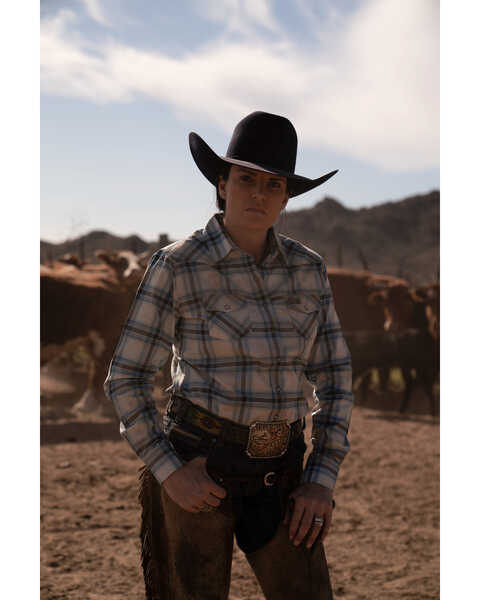 Kimes Ranch Women's Matadora Plaid Print Long Sleeve Western Snap Shirt, Blue, hi-res