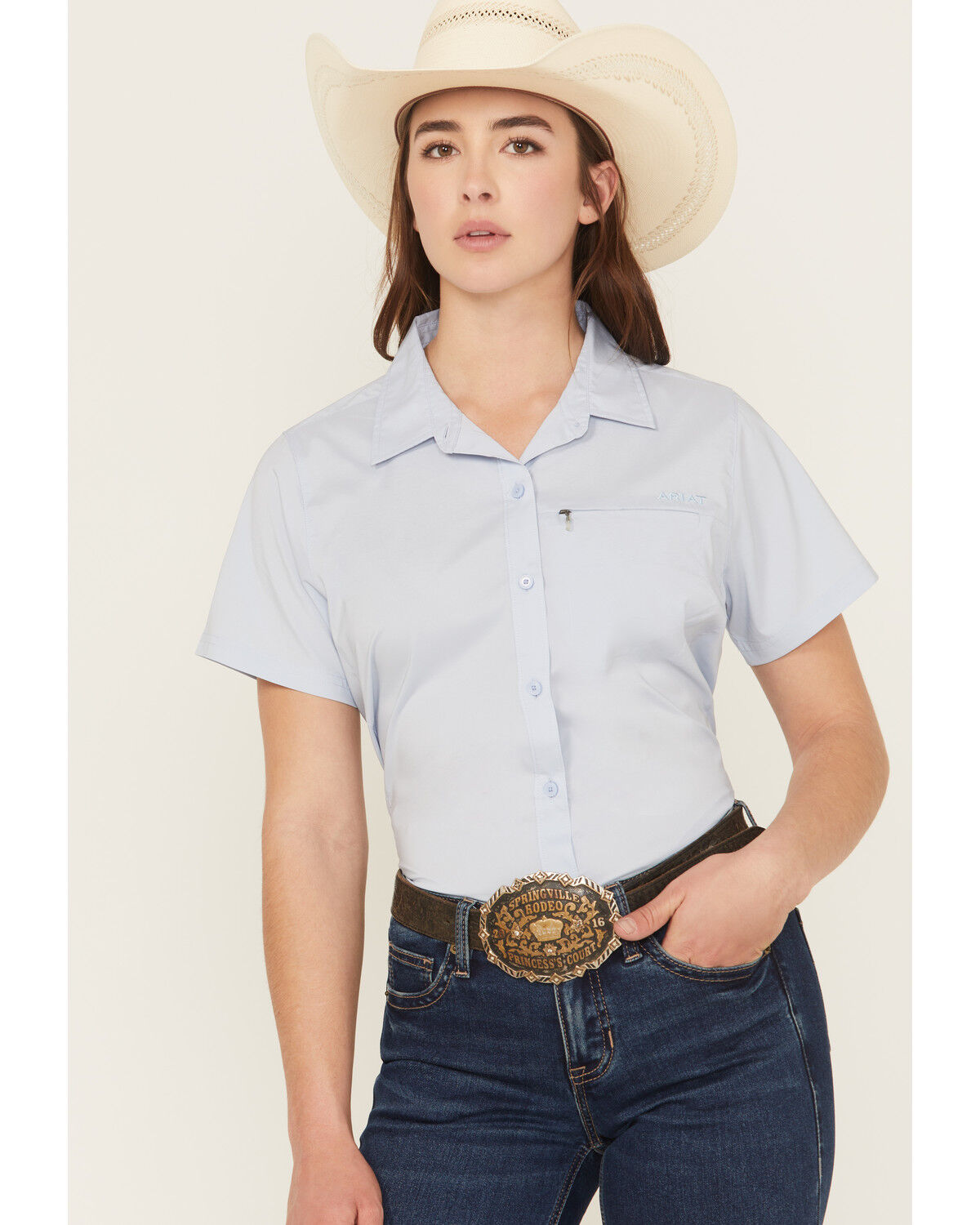 Image #1 - Ariat Women's VentTEK Solid Short Sleeve Button-Down Stretch Western Shirt, Light Blue, hi-res