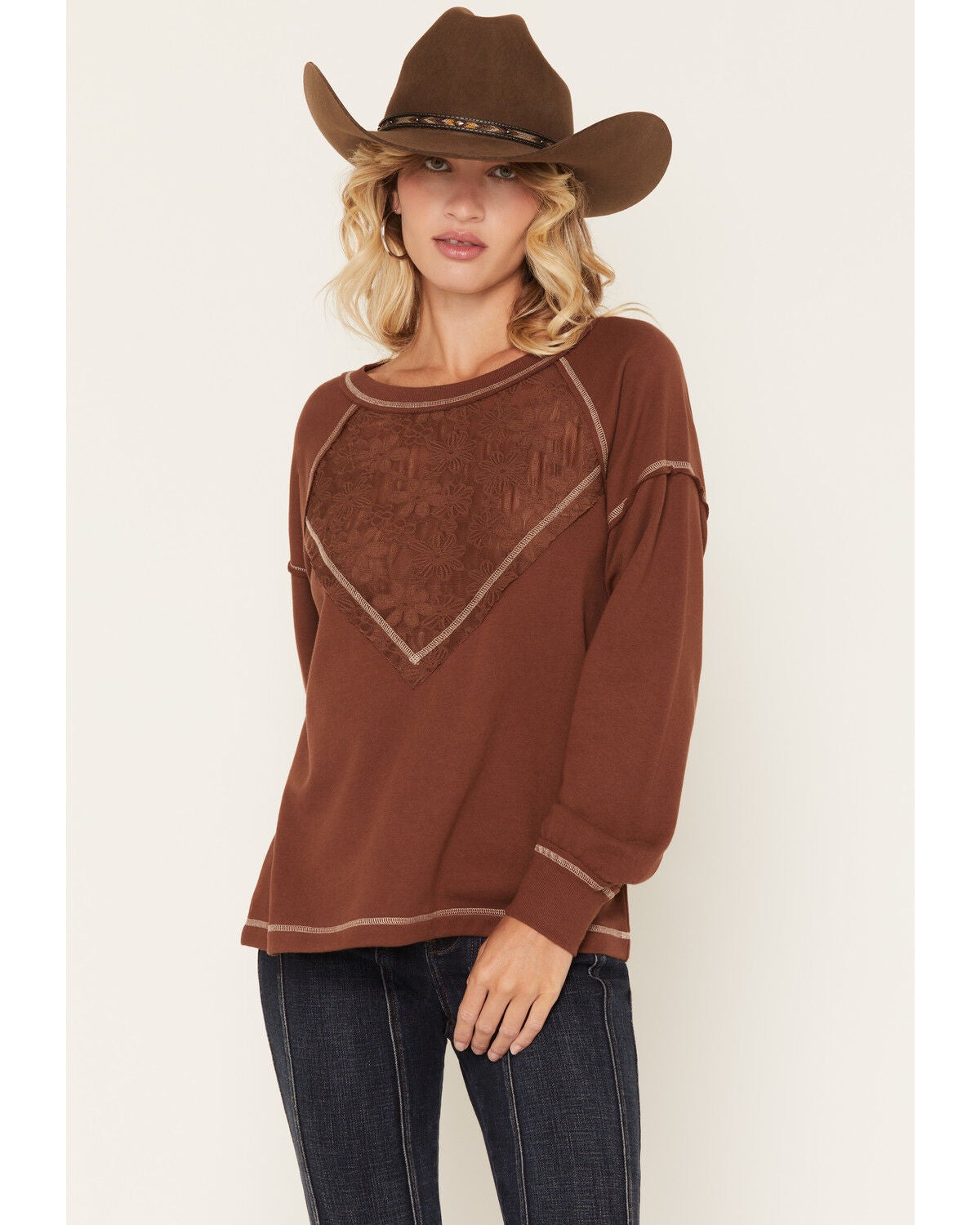 Image #1 - Blended Women's Lace V Neck Sweatshirt, Chocolate, hi-res