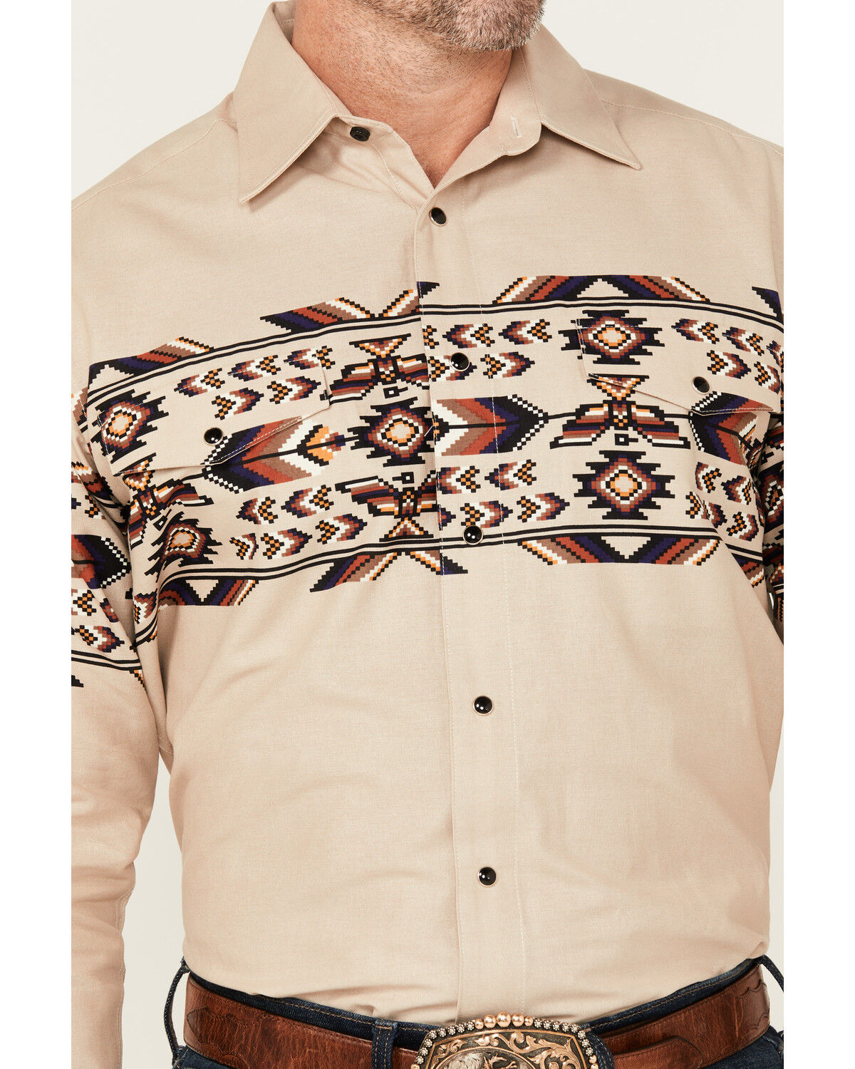 Image #3 - Panhandle Men's Thunderbird Border Print Long Sleeve Snap Western Shirt, Tan, hi-res