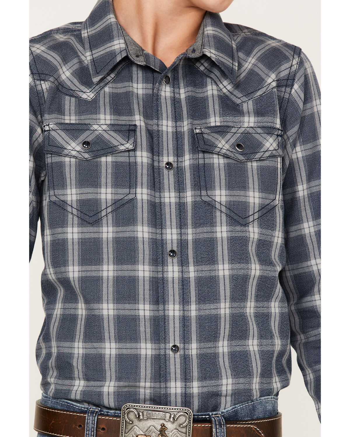 Image #3 - Cody James Boys' Plaid Print Long Sleeve Western Snap Shirt, Navy, hi-res