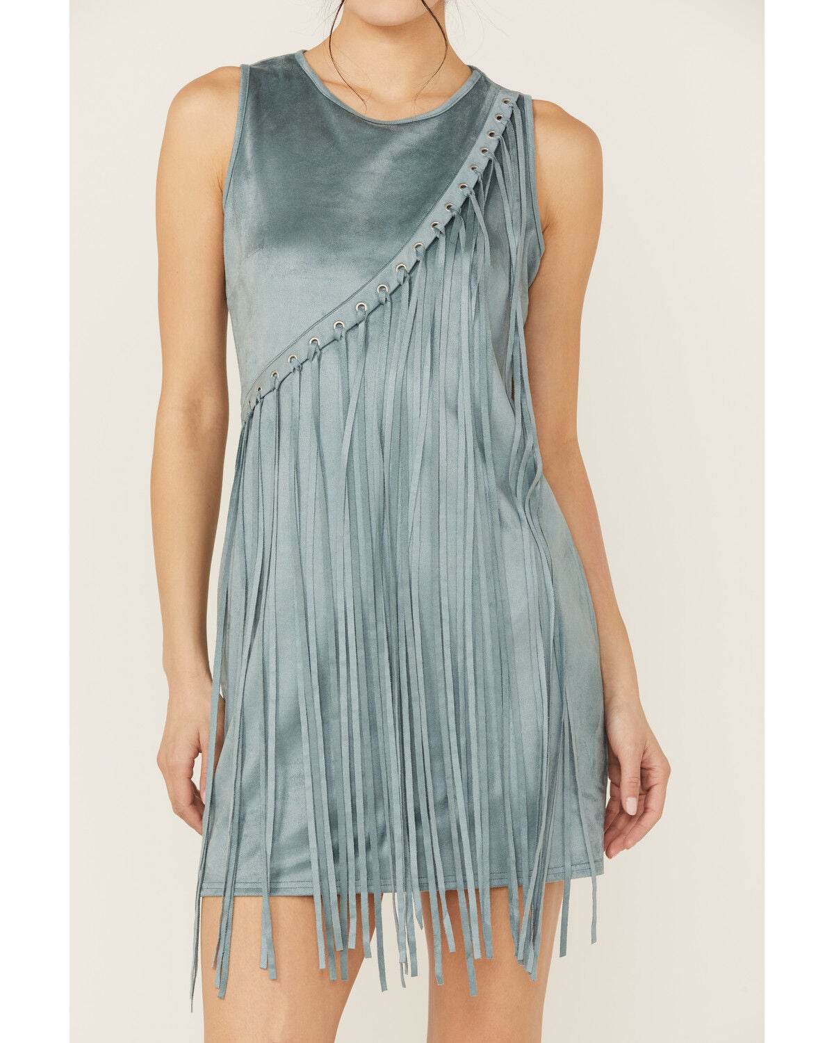 Rock & Roll Denim Women's Asymmetrical Fringe Sleeveless Mini Dress -  Country Outfitter