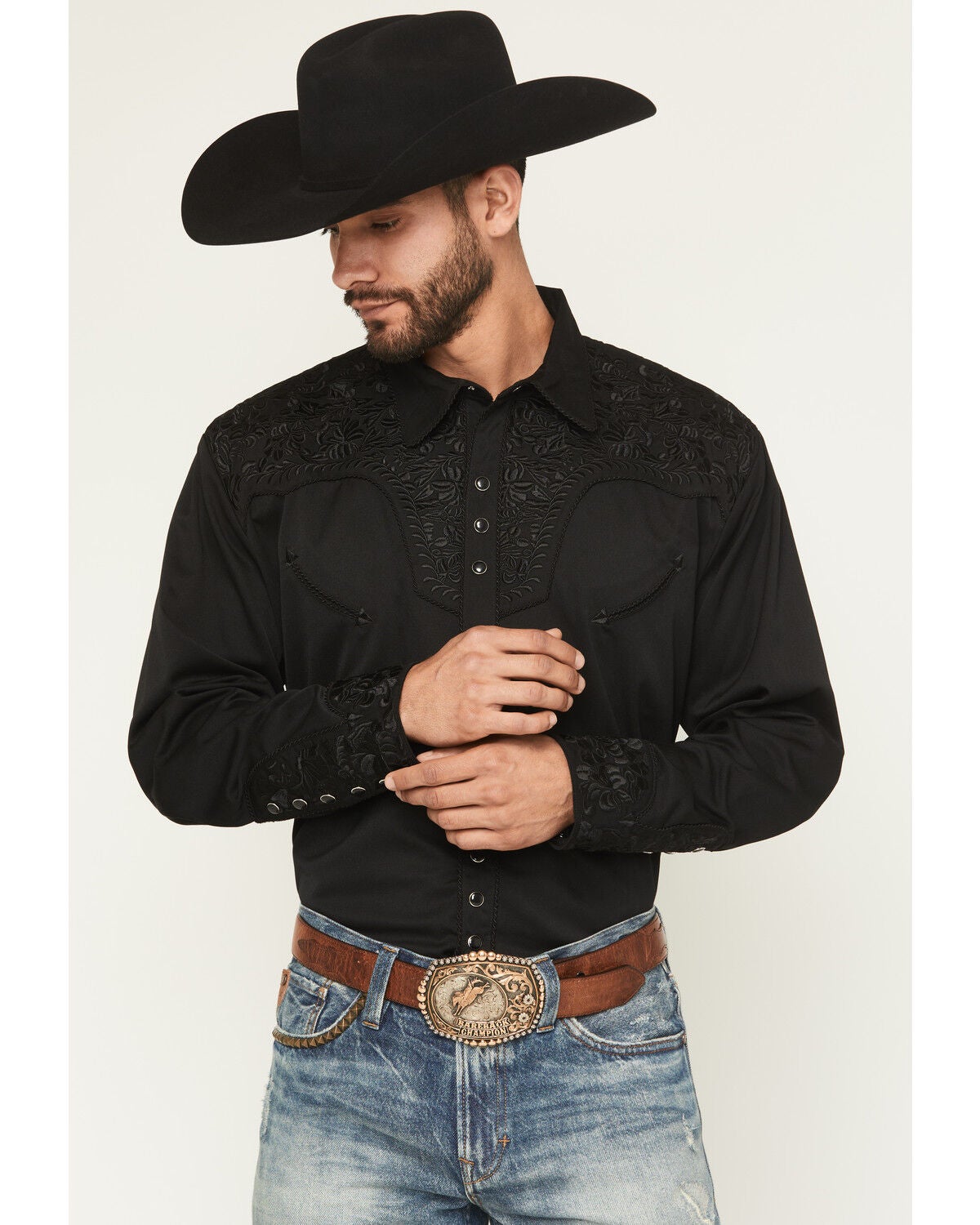 Scully Men's Floral Embroidered Retro Long Sleeve Snap Western Shirt - Big & Tall, Jet, hi-res