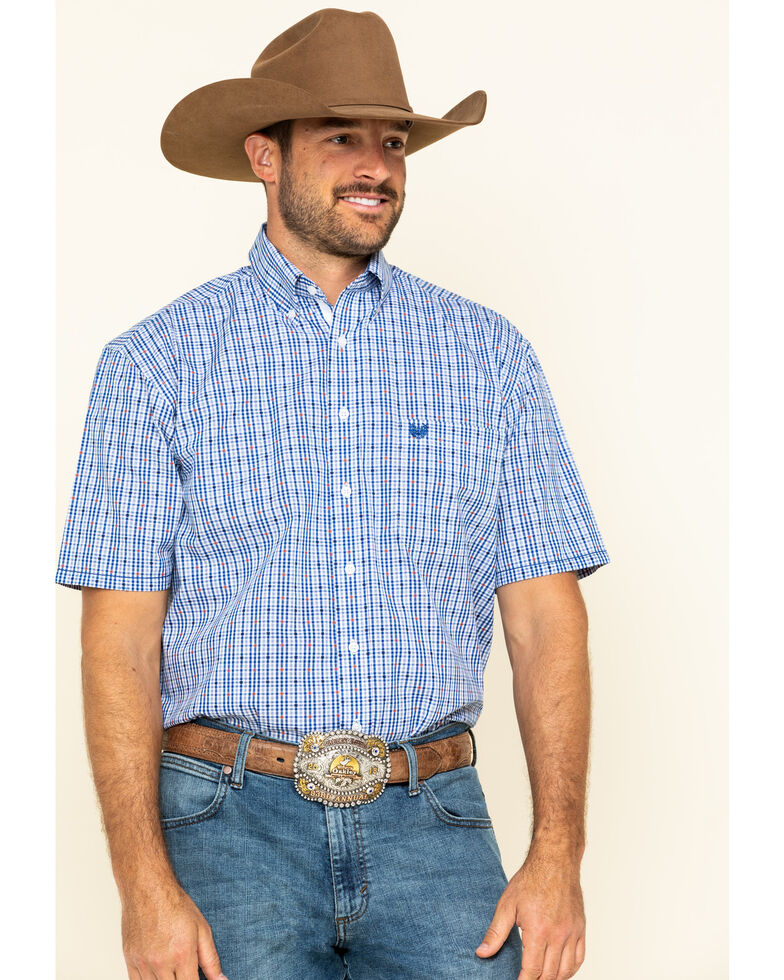 Rough Stock By Panhandle Men's Devlin Dobby Plaid Short Sleeve Western Shirt , Blue, hi-res