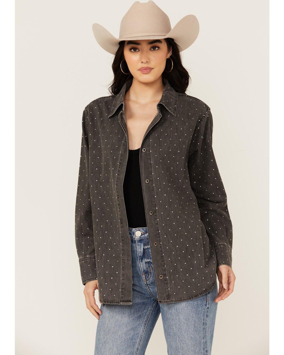 Blue B Women's Solid Rhinestone Long Sleeve Button-Down Shirt, Charcoal, hi-res