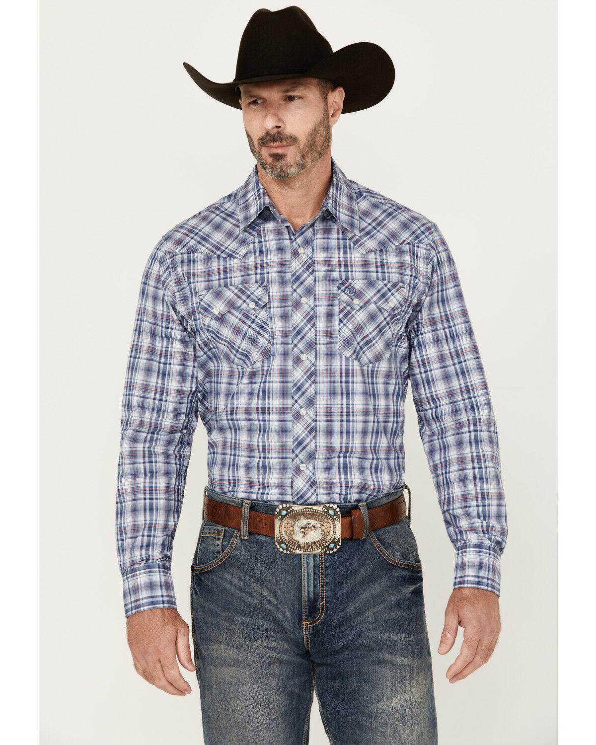 Image #1 - Wrangler Retro Men's Plaid Print Long Sleeve Snap Western Shirt, Blue, hi-res