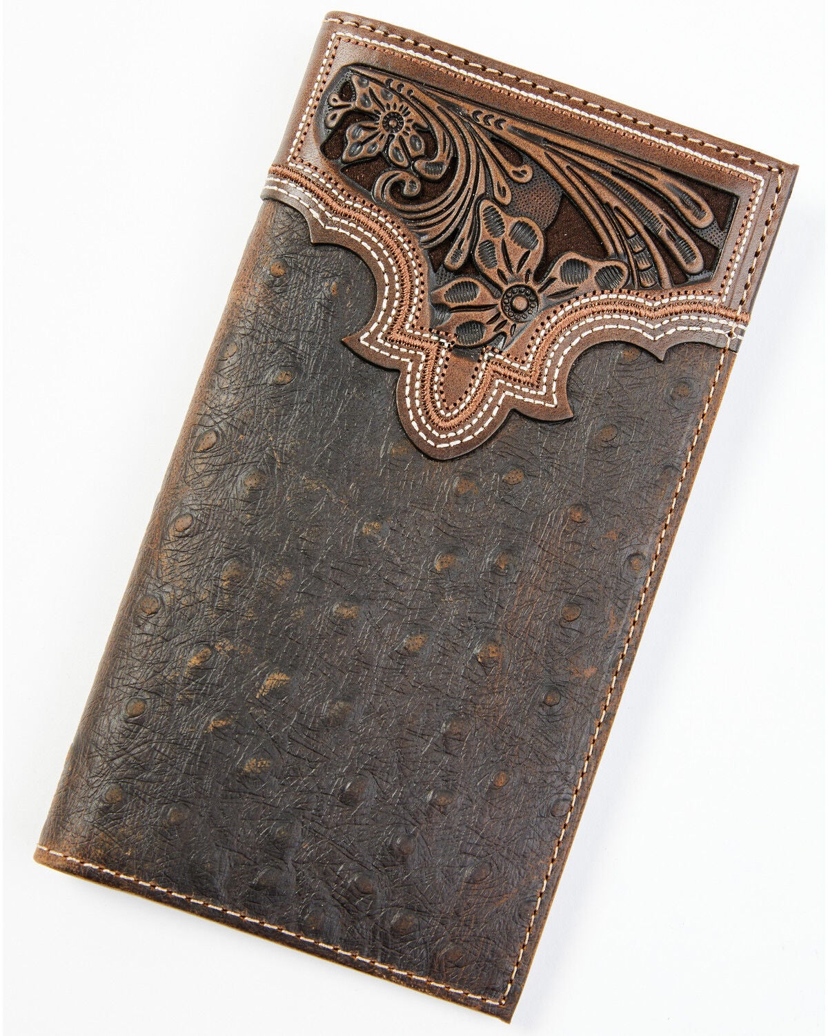 Cody James Men's Ostrich Tooled Checkbook Wallet, Brown, hi-res