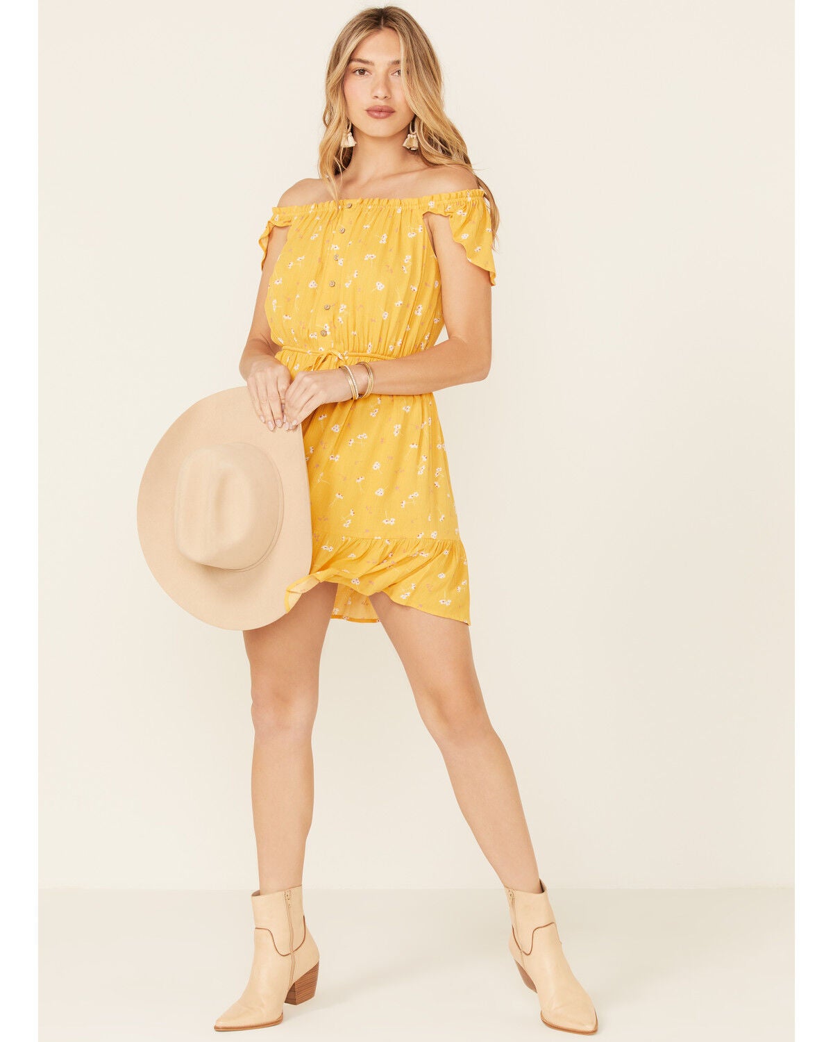 Miss Me Women's Floral Button Front Off-Shoulder Mini Dress, Yellow, hi-res