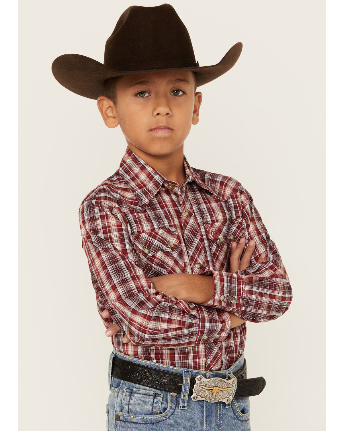 Image #2 - Wrangler Retro Boys' Plaid Print Long Sleeve Snap Western Shirt, Red, hi-res