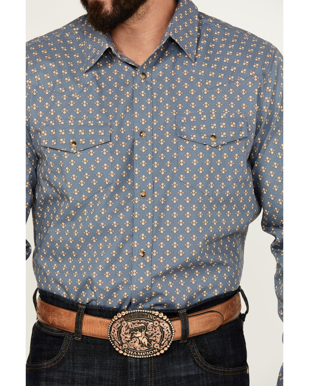 Image #3 - Gibson Trading Co Men's Lounge Geo Print Long Sleeve Snap Western Shirt, Steel Blue, hi-res