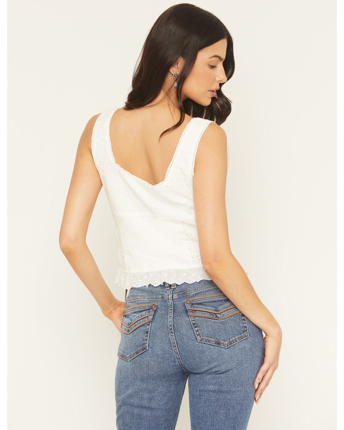 Image #4 - Miss Me Women's Eyelet Sleeveless Tie Front Top, White, hi-res