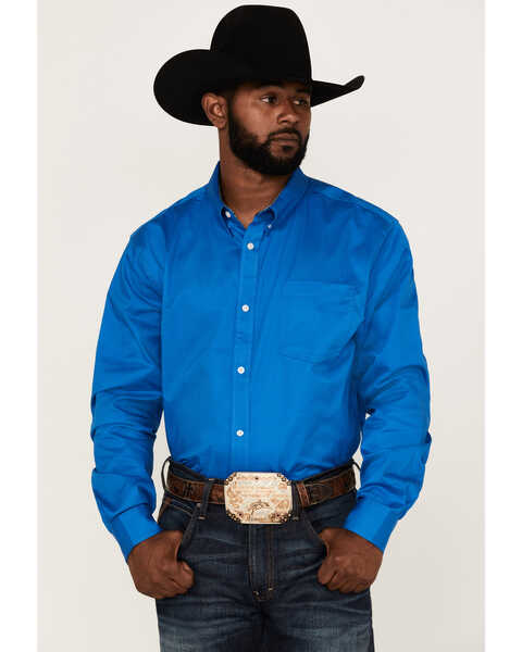 Image #1 - RANK 45® Men's Solid Basic Twill Logo Long Sleeve Button-Down Western Shirt , Royal Blue, hi-res