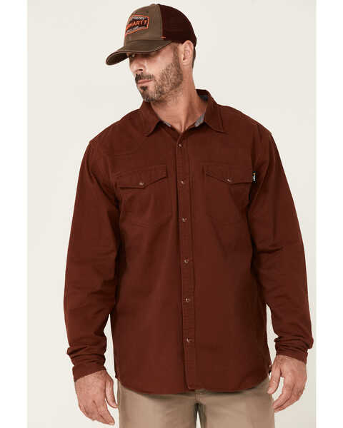 Image #1 - Hawx Men's Solid Twill Pearl Snap Long Sleeve Work Shirt , Mahogany, hi-res