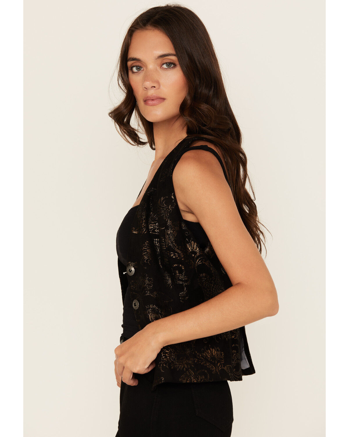 Image #3 - Shyanne Women's Metallic Printed Faux Suede Vest, Black, hi-res