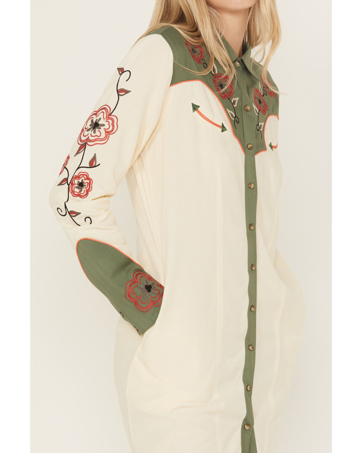 Image #3 - Panhandle Women's Retro Snap Embroidered Mini Shirt Dress, Cream, hi-res