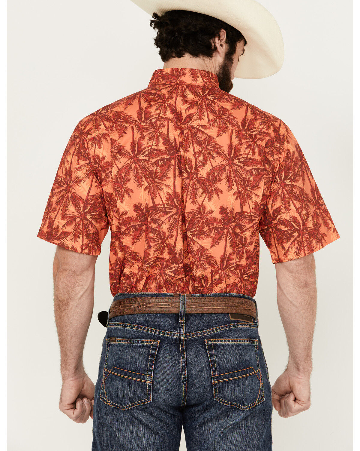 Image #4 - Ariat Men's VentTek Outbound Palm tree Print Short Sleeve Button-Down Performance Western Shirt, Dark Orange, hi-res
