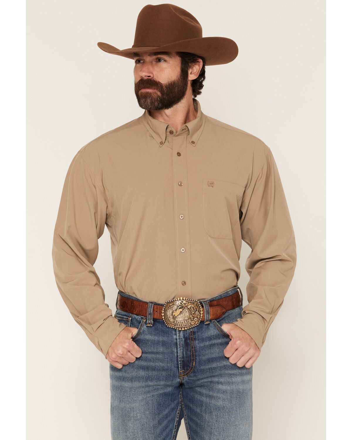 Cinch Men's ArenaFlex Solid Long Sleeve Button-Down Stretch Western Shirt, Khaki, hi-res