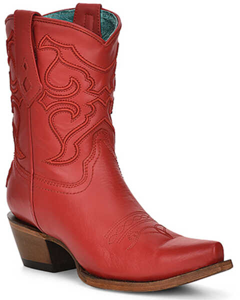 Image #1 - Corral Women's Embroidered Ankle Western Boots - Snip Toe, Red, hi-res