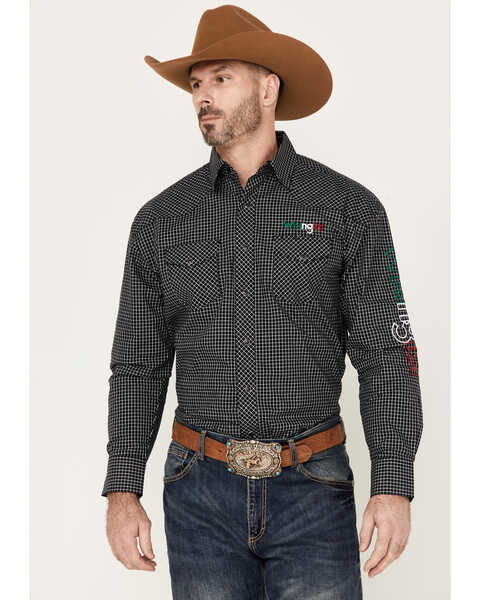Wrangler Men's Mexico Checkered Long Sleeve Snap Western Shirt, Black, hi-res