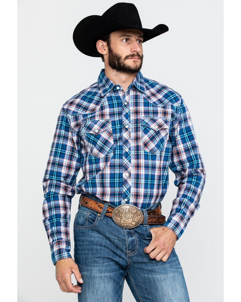Wrangler 20x Men S Advanced Comfort Navy Med Plaid Long Sleeve