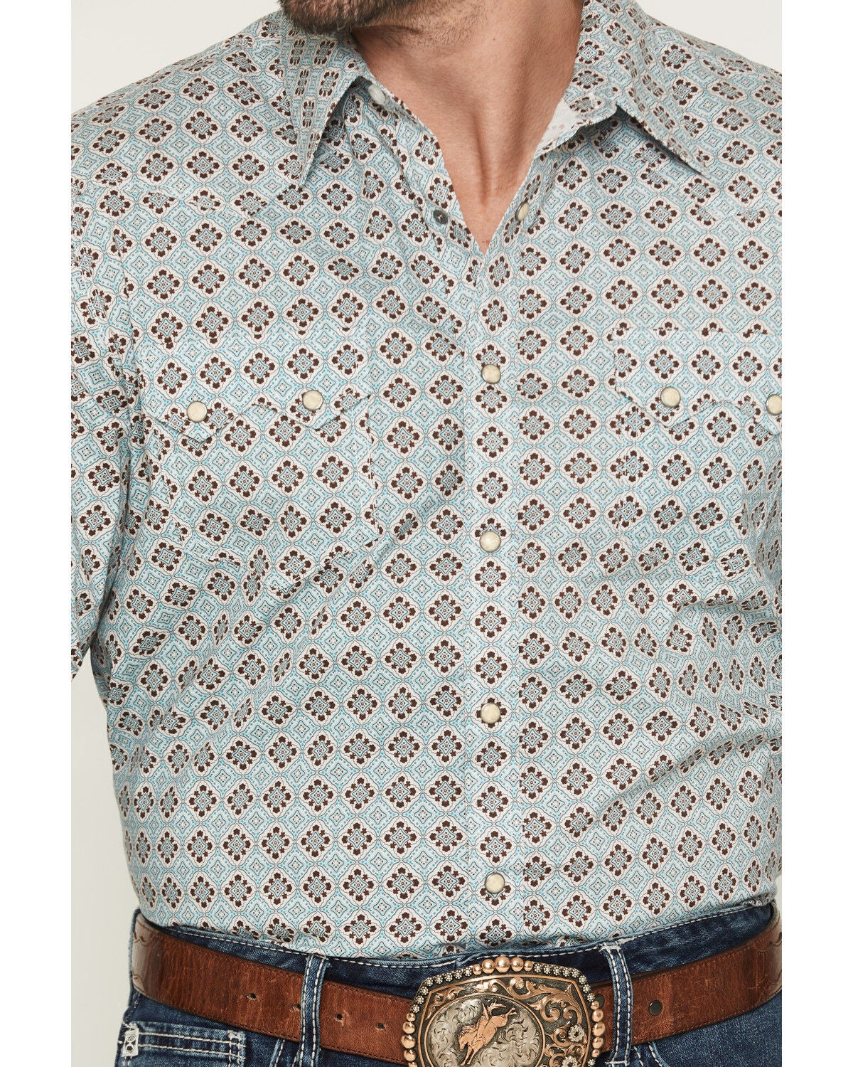 Image #3 - Rock & Roll Denim Men's Medallion Print Long Sleeve Snap Stretch Western Shirt, Teal, hi-res