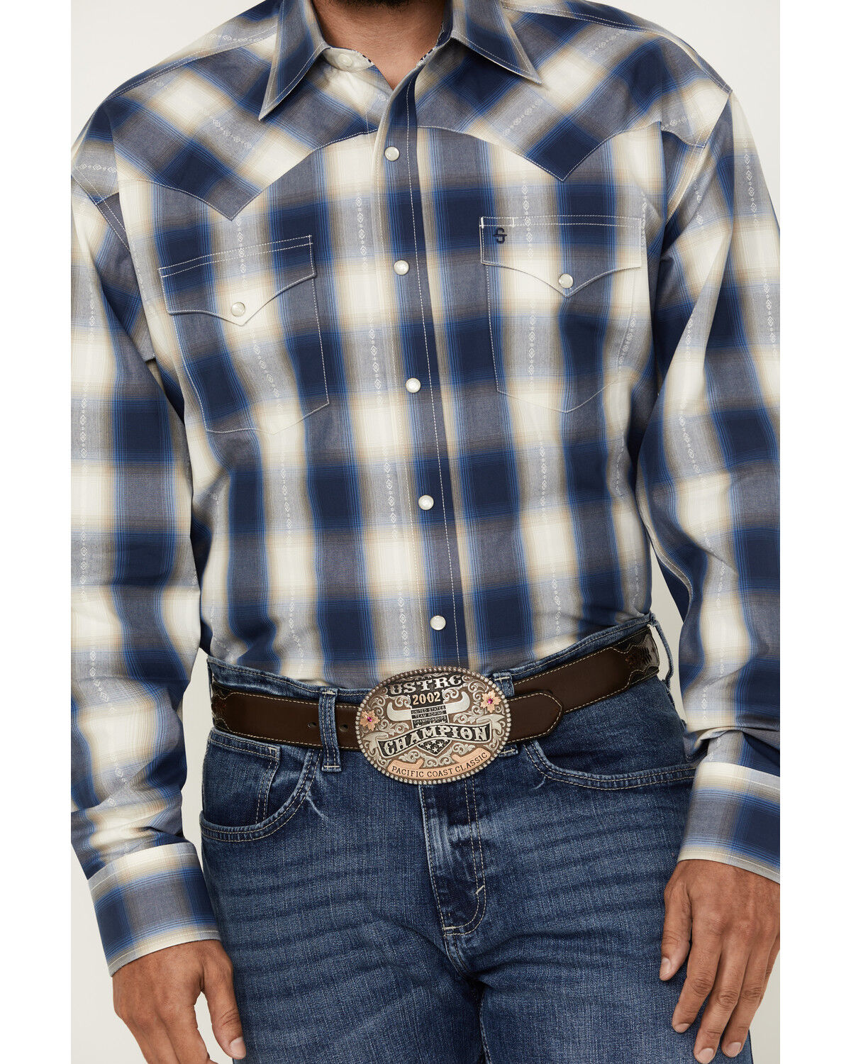 Image #3 - Stetson Men's Plaid Print Long Sleeve Pearl Snap Western Shirt, Dark Blue, hi-res