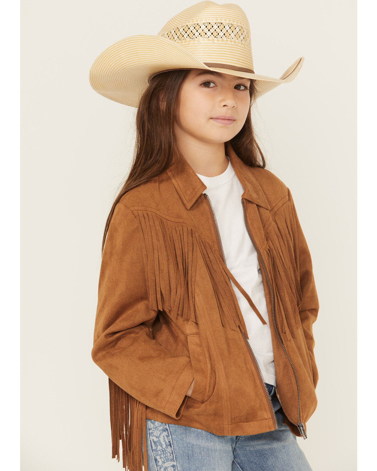 Image #3 - Fornia Girls' Solid Fringe Faux Suede Zip-Up Jacket, Camel, hi-res