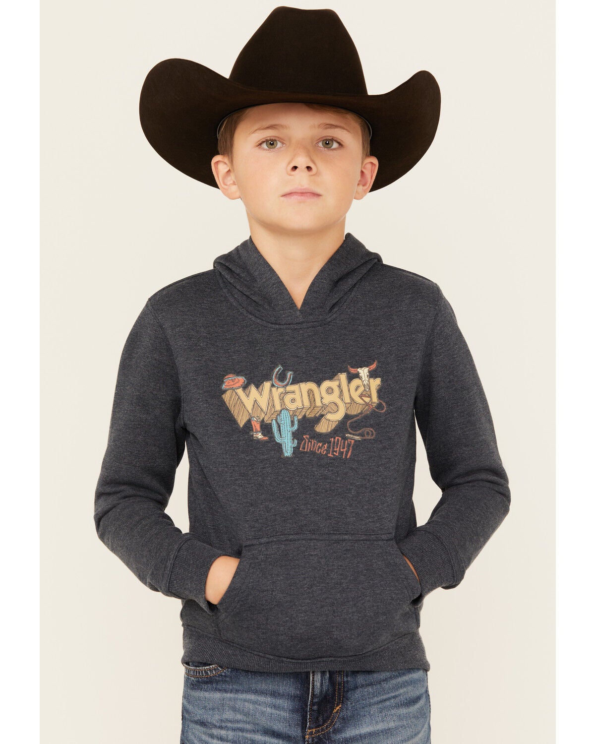 Wrangler Boys' Desert Logo Hooded Sweatshirt, Charcoal, hi-res