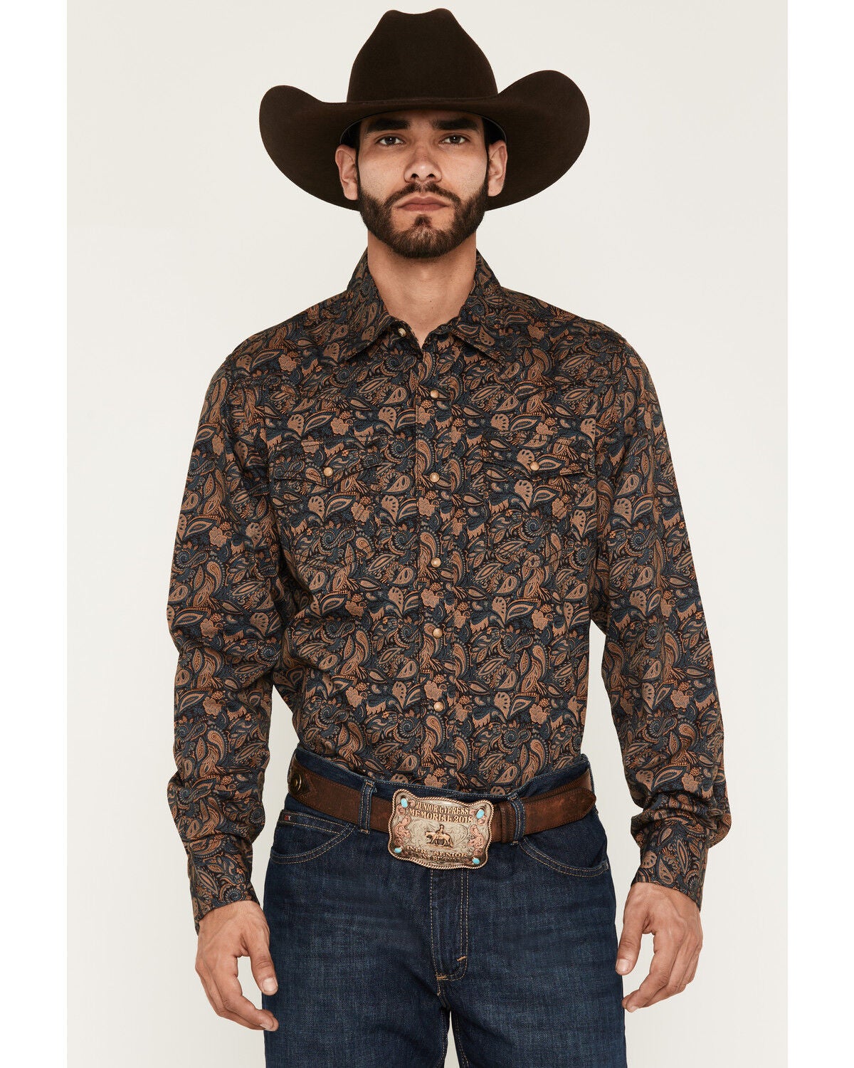 Wrangler Retro Men's Premium Paisley Print Long Sleeve Snap Western Shirt, Brown, hi-res