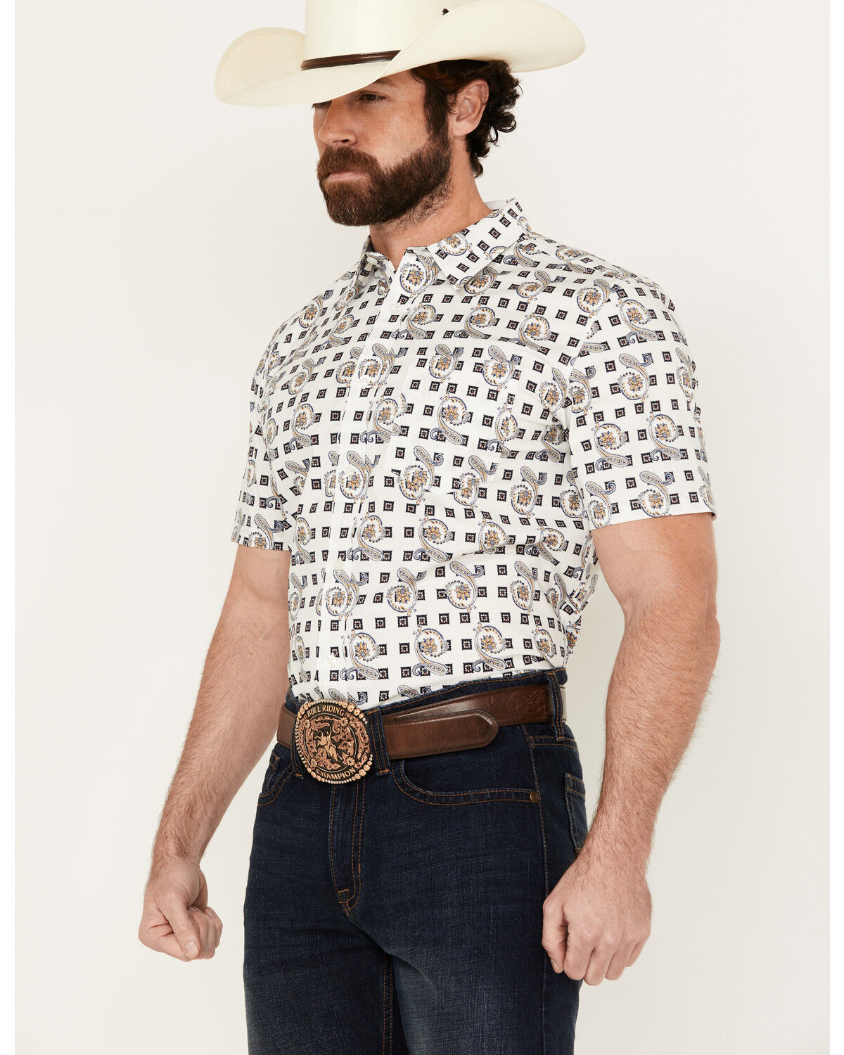 Image #2 - Cody James Men's Geo Paisley Print Short Sleeve Button-Down Stretch Western Shirt - Tall, White, hi-res