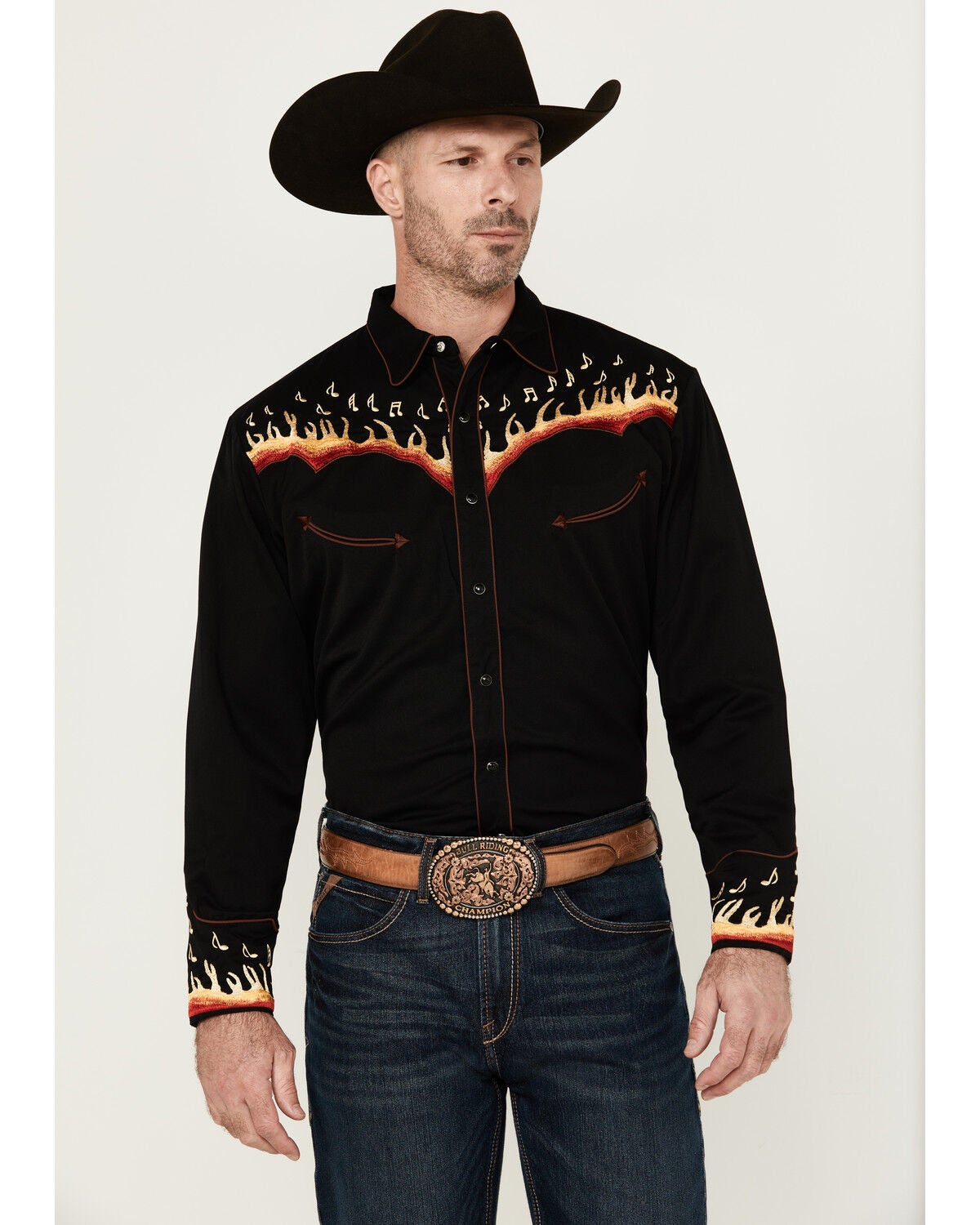 Image #1 - Scully Men's Music Note Flame Embroidered Long Sleeve Snap Western Shirt - Big, Black, hi-res
