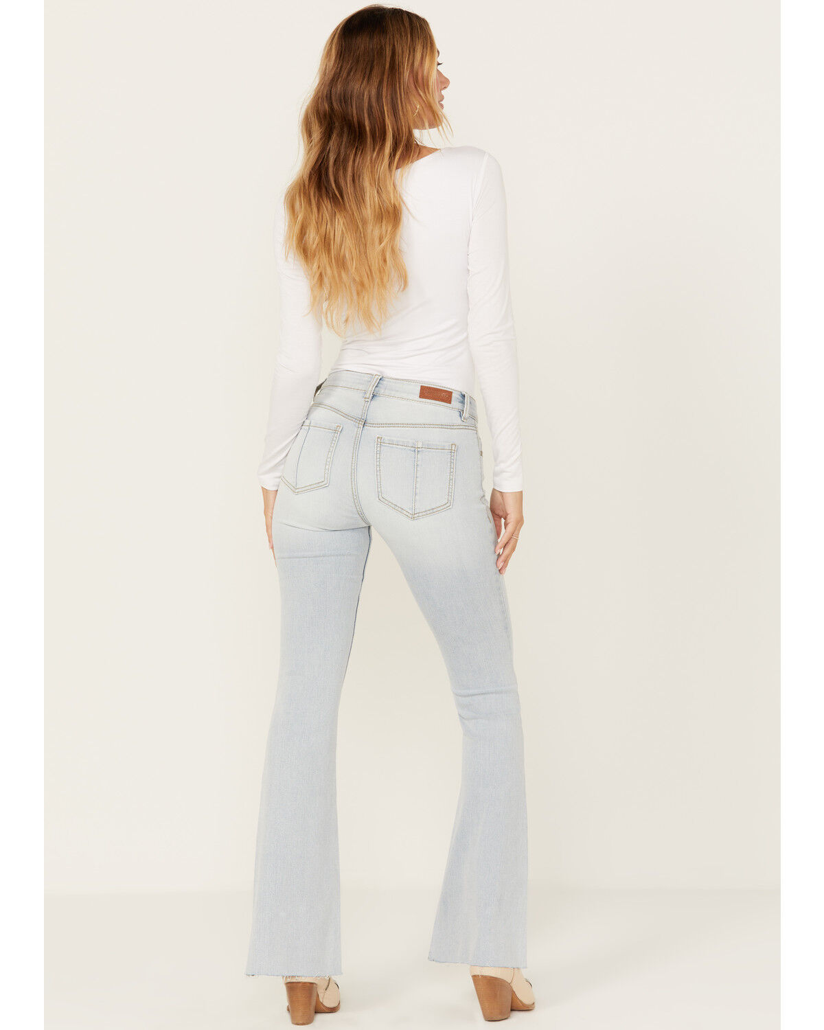 Image #3 - Shyanne Women's Agave Light Wash Mid Rise Destructed Stretch Flare Jeans, Light Wash, hi-res