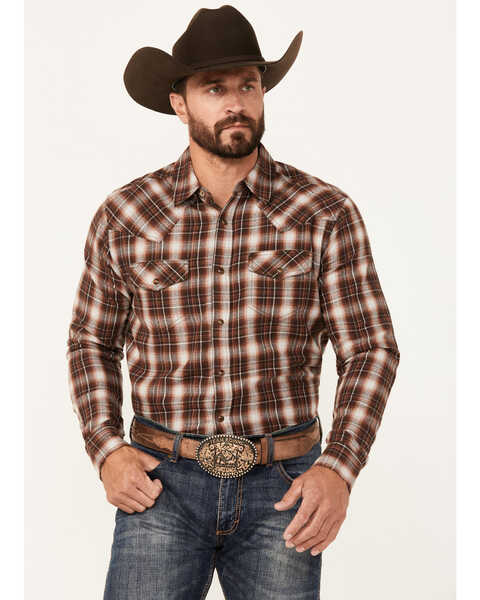 Image #1 - Cody James Men's Traverse Plaid Print Long Sleeve Snap Western Shirt - Tall, Brown, hi-res