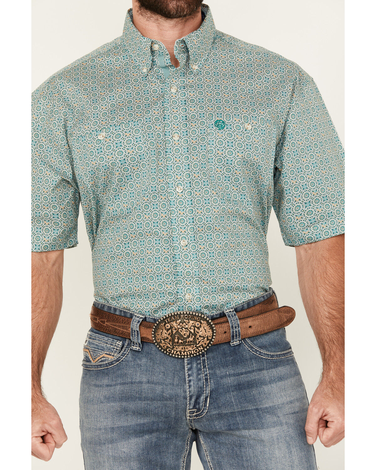 Image #3 - George Strait by Wrangler Men's Geo Print Short Sleeve Button-Down Stretch Western Shirt - Big, Turquoise, hi-res