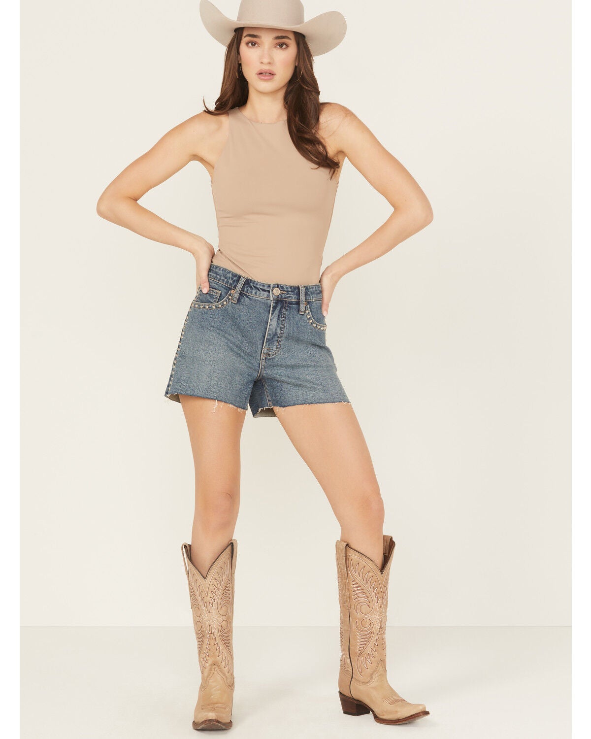 Rock & Roll Denim Women's Medium Wash High Rise Studded Cut-Off Stretch Denim Shorts, Medium Wash, hi-res